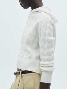 Mango Women’s Ecru Chunky Plush Cable-Knit Hoodie Sweater Size XS